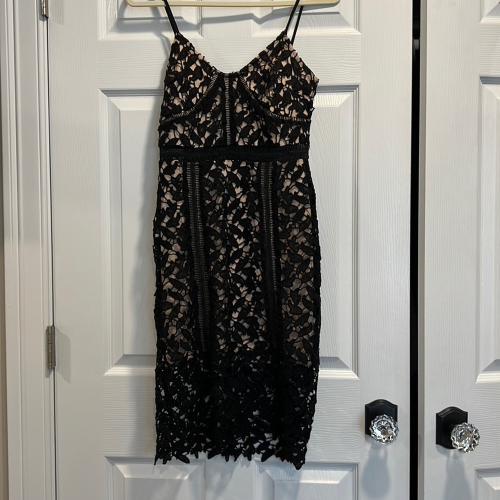 Black crochet nude underlay dress